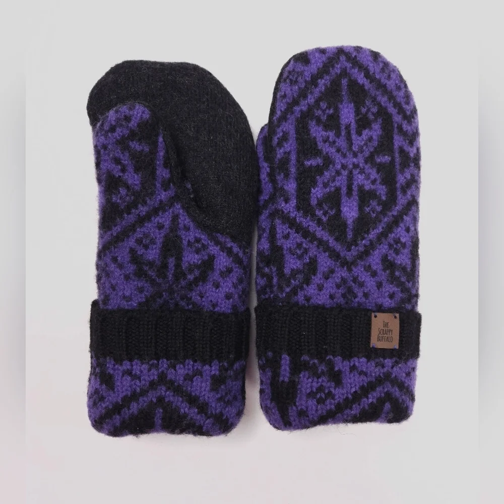 Upcycled Wool Black Purple Sweater Mittens Sherpa Fleece Lined NEW Adult M/L